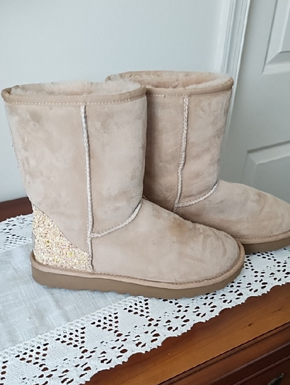 UGG Chestnut Suede Shearling Winter Boots with Glitter Heel
